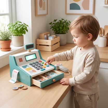 Little Teekie Wooden Play Cash Register | Coins, Notes and Receipts – Multi-Coloured – in use, shows scale