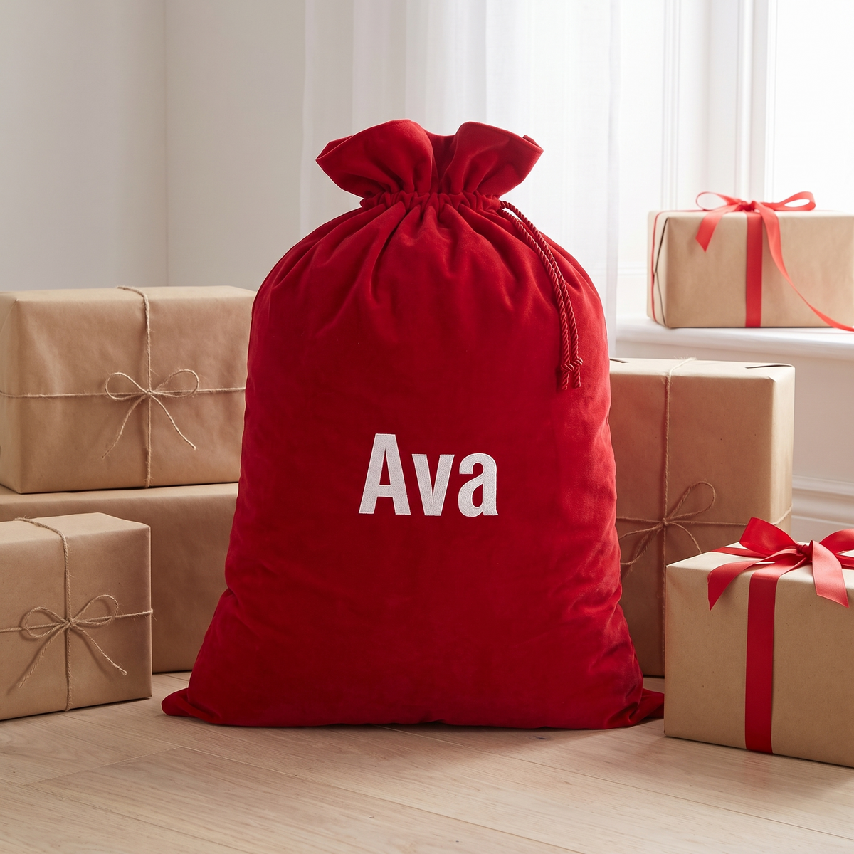 Little Teekie Personalised Deluxe Santa Sack | Appliqued Santa, 60x85cm – Red Velvet – lifestyle