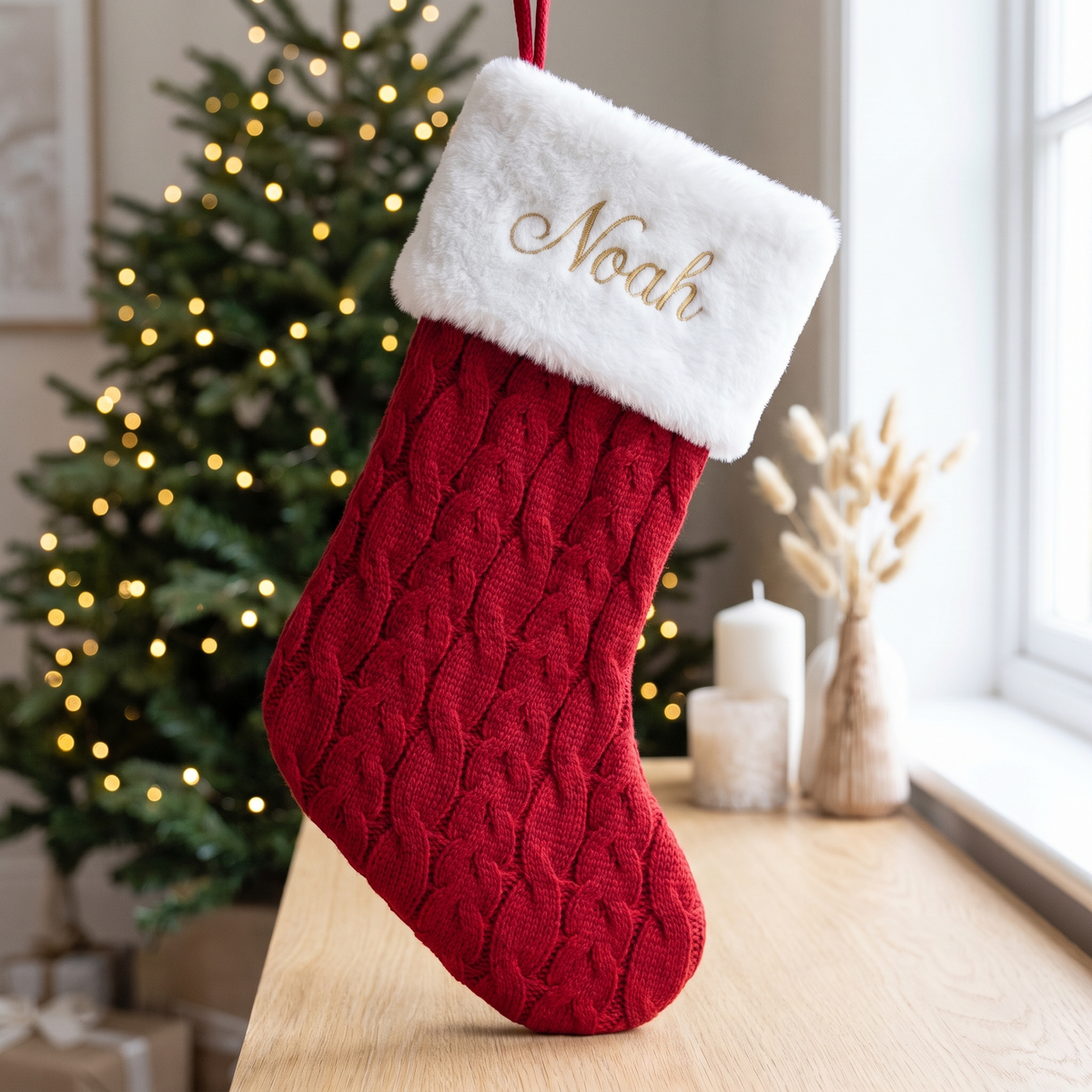 Little Teekie Personalised Knit Christmas Stocking | Embroidered Name, 38x19cm – Red & White – lifestyle