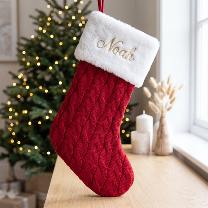 Little Teekie Personalised Knit Christmas Stocking | Embroidered Name, 38x19cm – Red & White – lifestyle