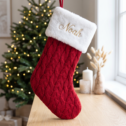 Little Teekie Personalised Knit Christmas Stocking | Embroidered Name, 38x19cm – Red & White – lifestyle