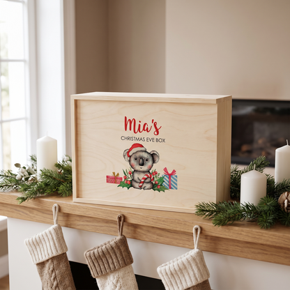 Little Teekie Personalised Christmas Eve Box | Printed Koala, 35x25x14cm – Natural Wood – lifestyle