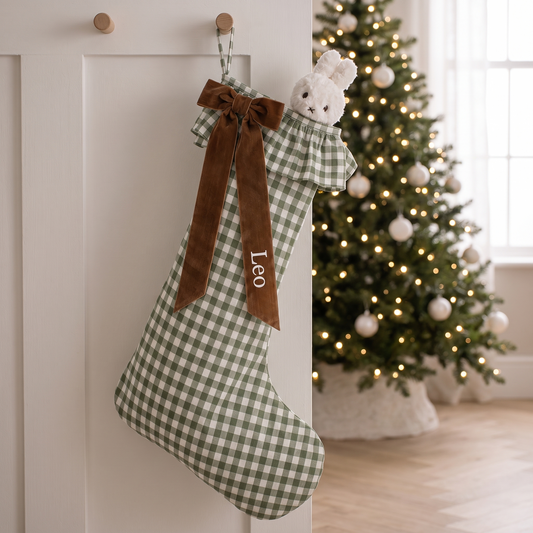 Little Teekie Personalised Gingham Christmas Stocking | Velvet Bow Name, 49x32cm – Green – lifestyle