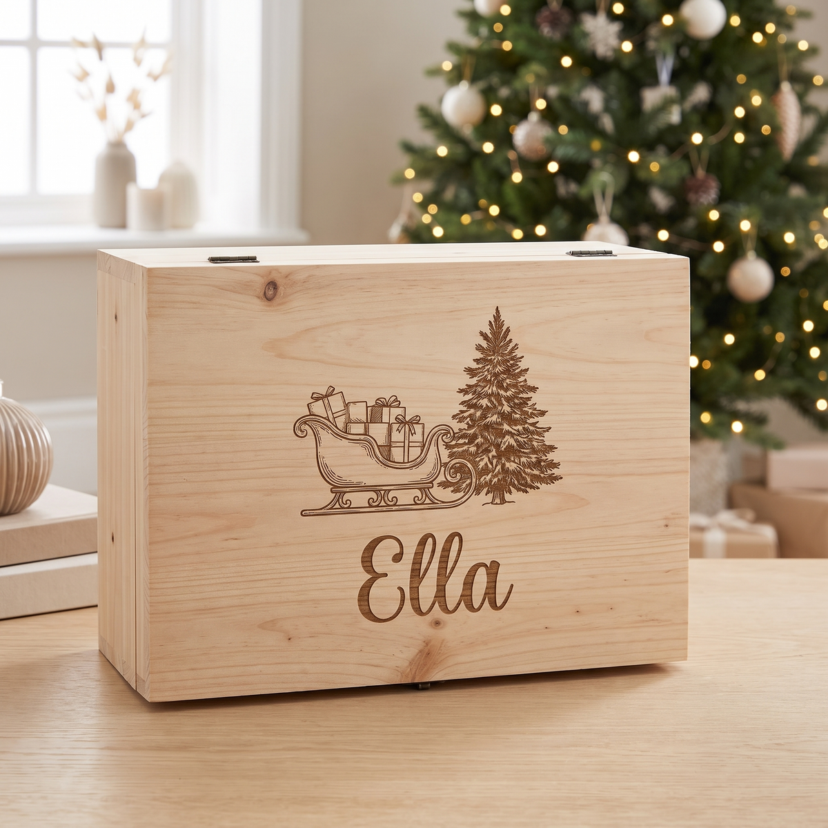 Little Teekie Personalised Santa Sleigh Christmas Eve Box | Engraved Name, 34x24x12cm – Natural – lifestyle