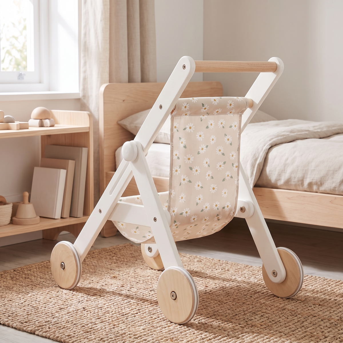 Little Teekie Wooden Doll Stroller | 49cm, Cotton Seat, Rubber Wheels – White Pearl – styled in the home