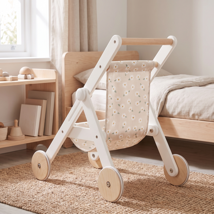 Little Teekie Wooden Doll Stroller | 49cm, Cotton Seat, Rubber Wheels – White Pearl – styled in the home