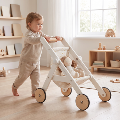Little Teekie Wooden Doll Stroller | 49cm, Cotton Seat, Rubber Wheels – White Pearl – in use, shows scale
