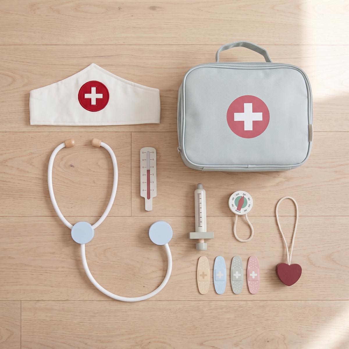 Little Teekie Wooden Doctor Set | Fabric Bag, Stethoscope and Doctor's Cap, 25cm – what's included