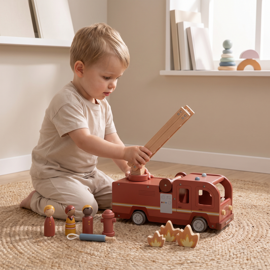 Little Teekie Wooden Fire Truck with Peg Dolls | Extendable Ladder, 24 Months+ – in use, shows scale