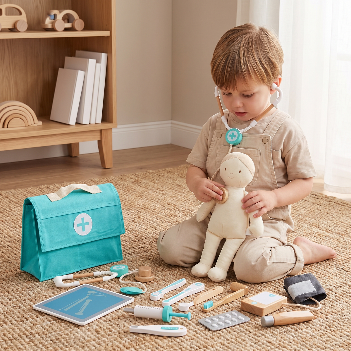 Little Teekie Wooden Doctor Kit | 18 Medical Tools, Non-Toxic Finish – in use, shows scale