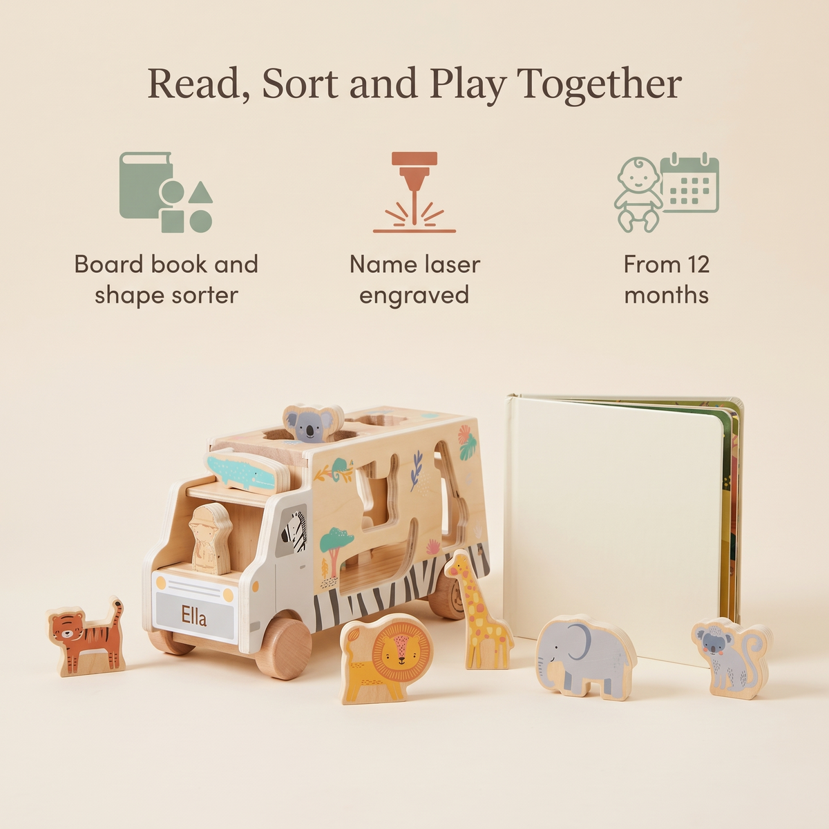 Little Teekie Personalised Wooden Shape Sorter & Board Book Set | Engraved Name, 18cm – key features