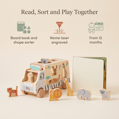 Little Teekie Personalised Wooden Shape Sorter & Board Book Set | Engraved Name, 18cm – key features