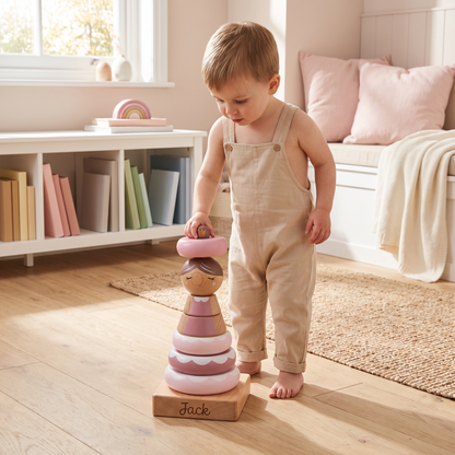 Little Teekie Personalised Wooden Fairy Stacker | Stacking Ring Gown, Name Detail – Pink – in use, shows scale