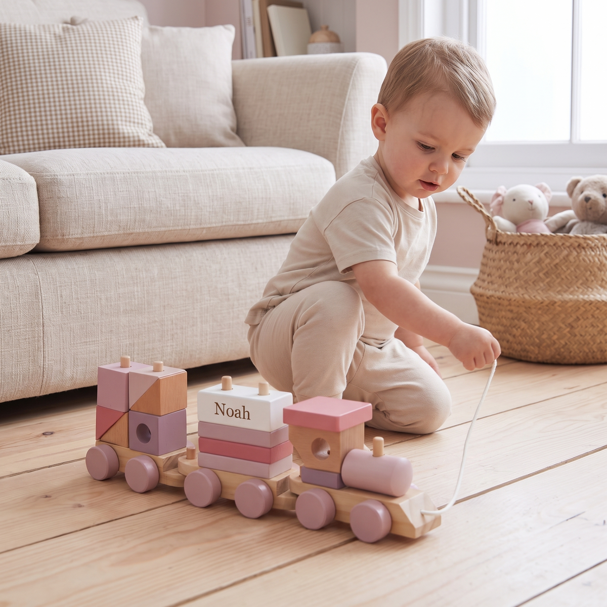 Little Teekie Personalised Wooden Pull Along Train | Stacking Blocks, Detachable Carriages – Pink – in use, shows scale