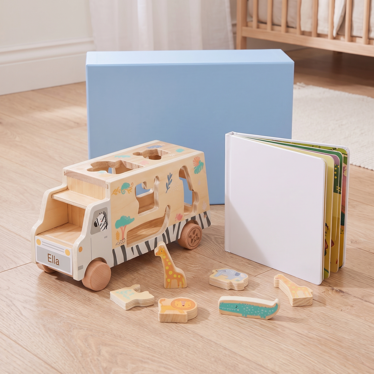 Little Teekie Personalised Wooden Shape Sorter & Board Book Set | Engraved Name, 18cm – what's included