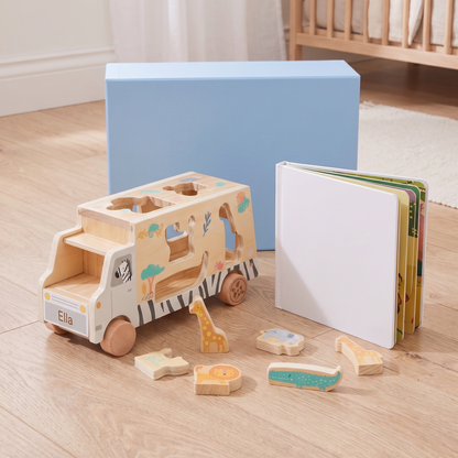 Little Teekie Personalised Wooden Shape Sorter & Board Book Set | Engraved Name, 18cm – what's included