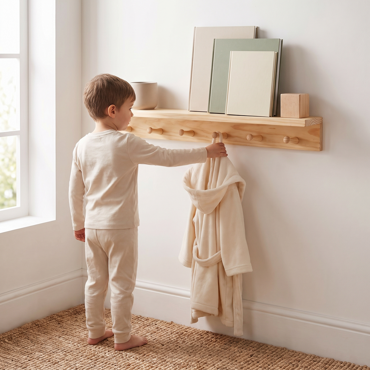 Little Teekie Kids Nursery Shelf with Coat Hooks | Wall-Mounted 60cm, 6 Pegs – Pine – in use, shows scale
