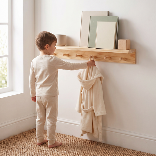 Little Teekie Kids Nursery Shelf with Coat Hooks | Wall-Mounted 60cm, 6 Pegs – Pine – in use, shows scale