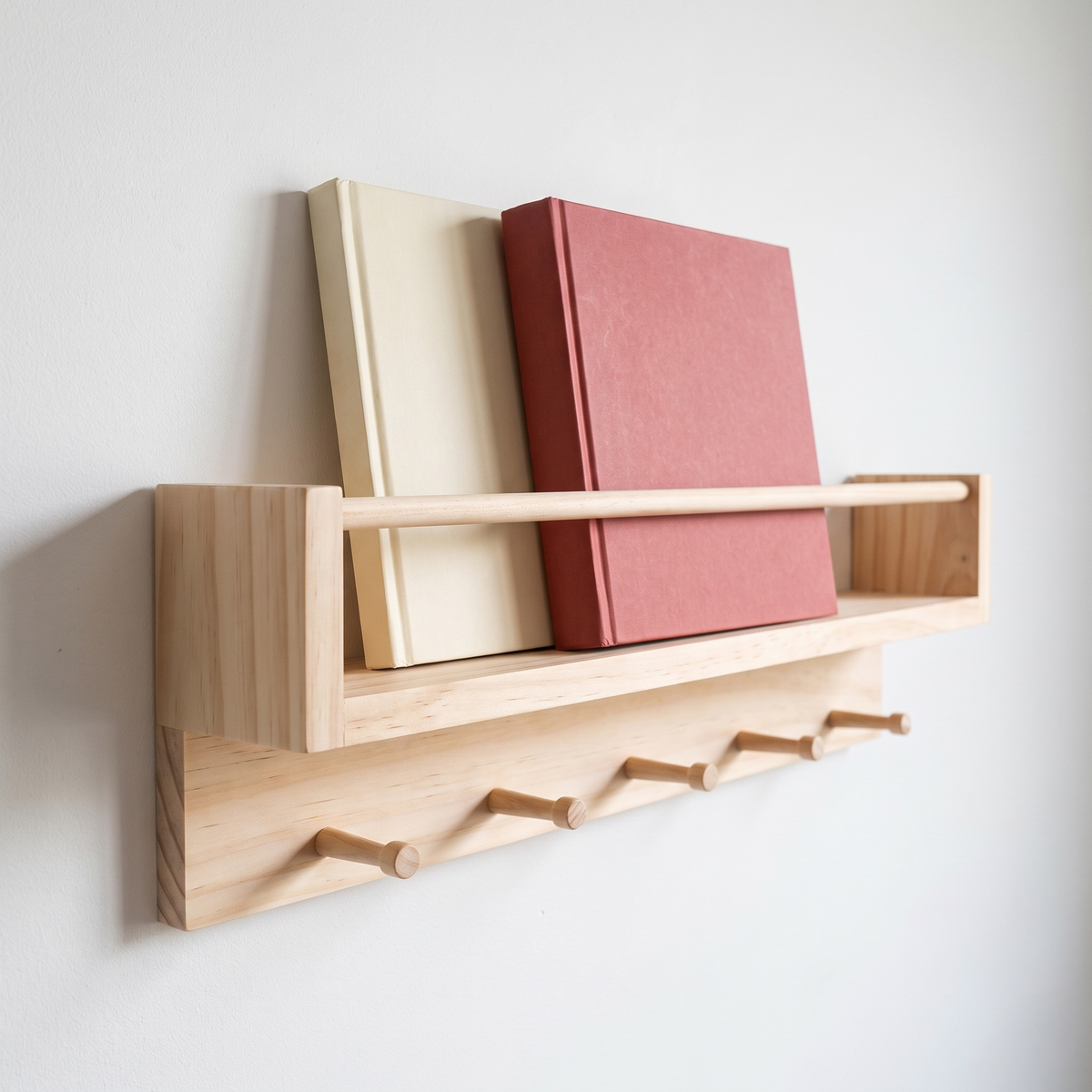Little Teekie Kids Book Rack and Coat Rack Combo | Wall-Mounted 60cm, 5 Pegs – Raw Pine – alternate angle