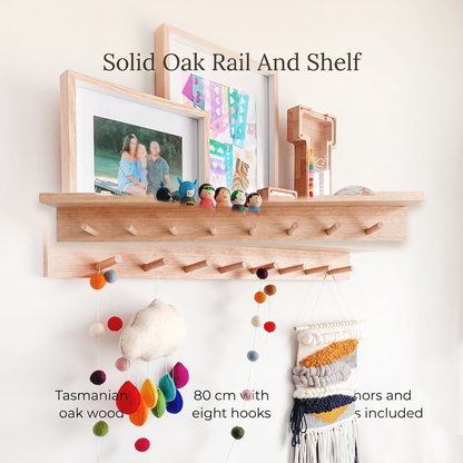 Little Teekie Peg Rail with Shelf | Wall-Mounted 80cm, 8 Wooden Hooks – Tasmanian Oak – key features