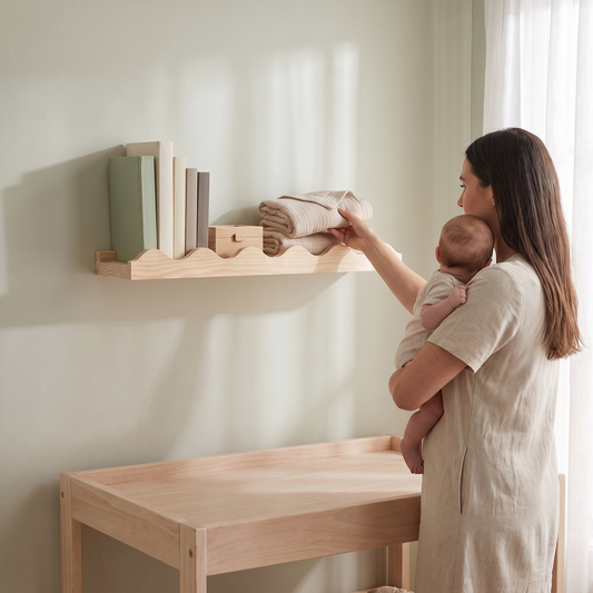 Little Teekie Wavy Nursery Wall Shelf | Scalloped 60cm Floating Shelf, Pine – Raw Wood – in use, shows scale