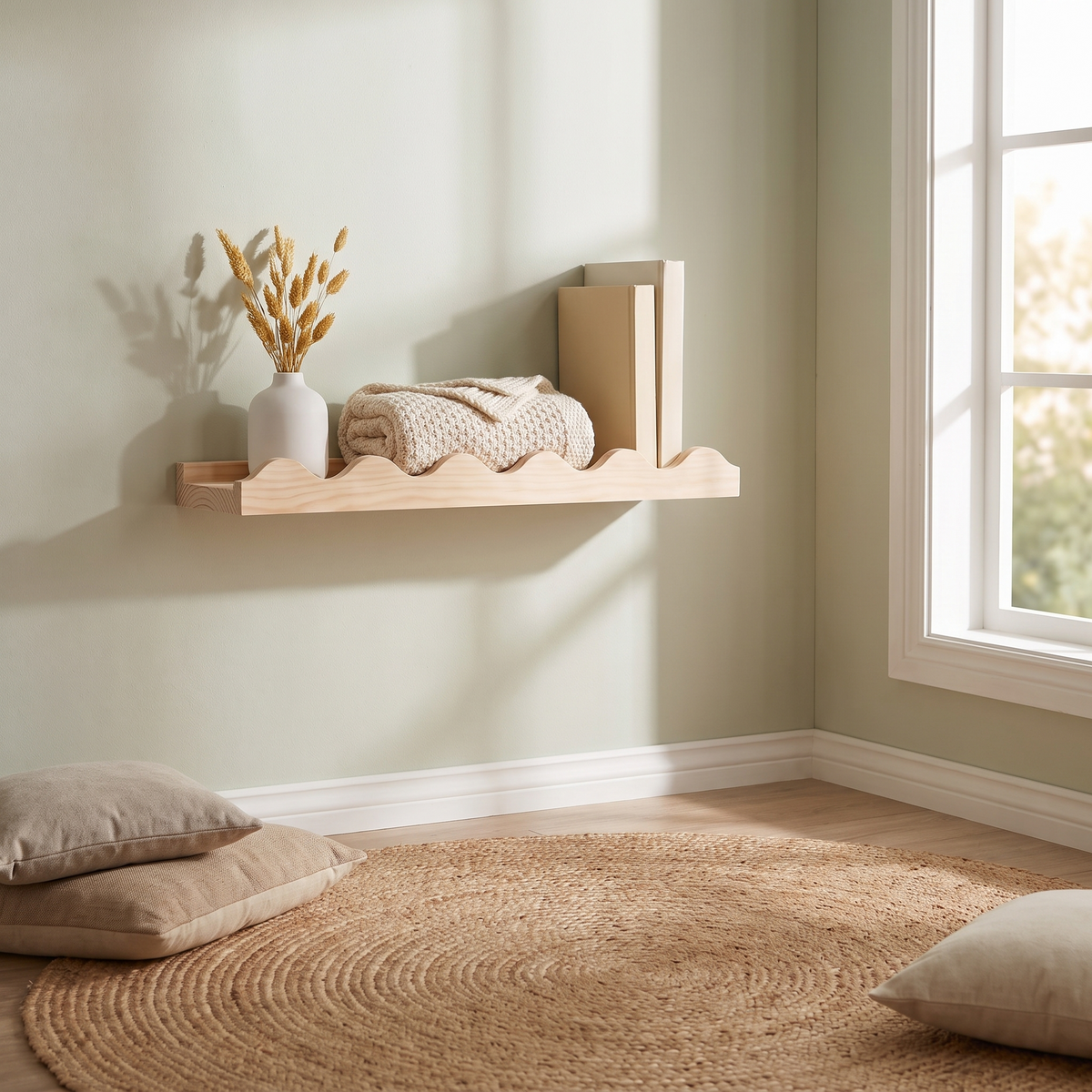 Little Teekie Wavy Nursery Wall Shelf | Scalloped 60cm Floating Shelf, Pine – Raw Wood – styled in the home