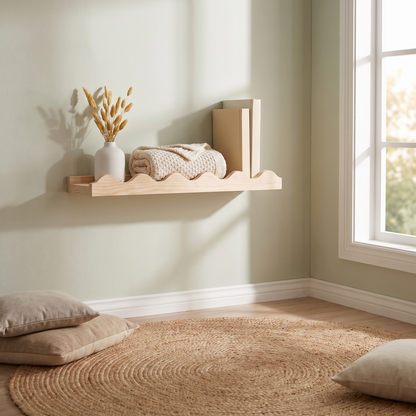 Little Teekie Wavy Nursery Wall Shelf | Scalloped 60cm Floating Shelf, Pine – Raw Wood – styled in the home