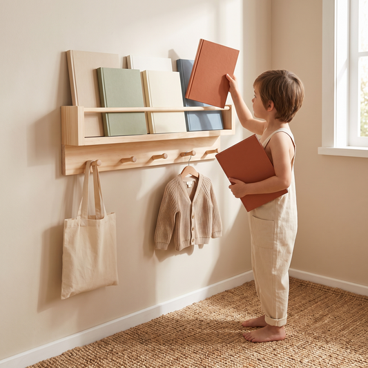 Little Teekie Kids Book Rack and Coat Rack Combo | Wall-Mounted 60cm, 5 Pegs – Raw Pine – in use, shows scale