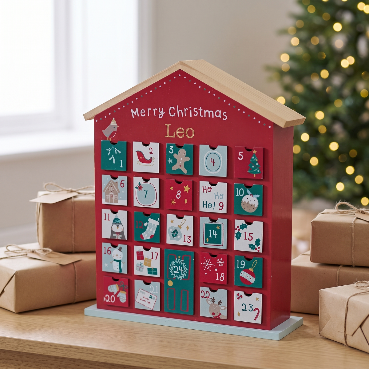 Little Teekie Personalised Advent Calendar House | 24 Drawers, W28 x H38 x D8cm – Red & Green – lifestyle