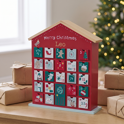 Little Teekie Personalised Advent Calendar House | 24 Drawers, W28 x H38 x D8cm – Red & Green – lifestyle