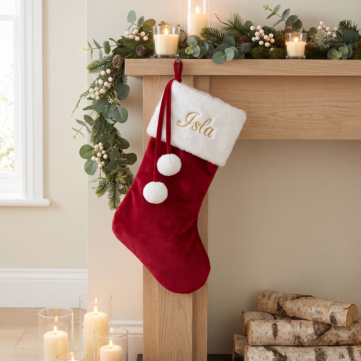 Little Teekie Personalised Velvet Christmas Stocking | Embroidered Name, 49x20cm – Red & White – lifestyle