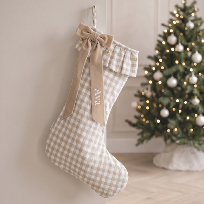 Little Teekie Personalised Gingham Christmas Stocking | Velvet Bow Name, 49x32cm – Beige – lifestyle