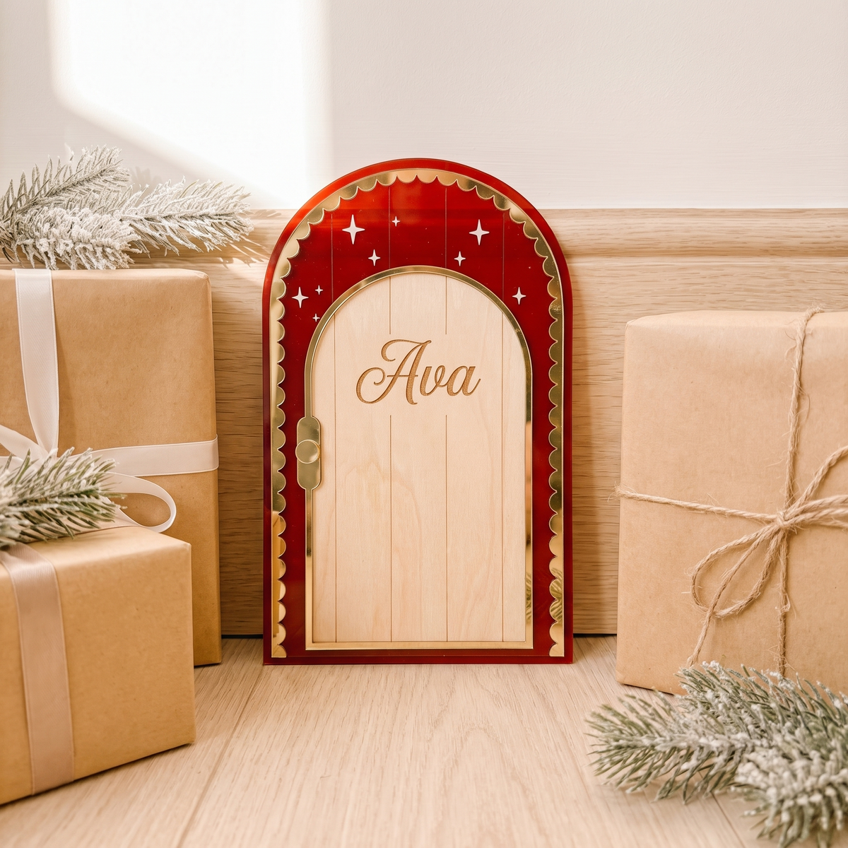 Little Teekie Personalised Elf Door | Engraved Name, Wood & Acrylic – Burgundy or Natural – lifestyle