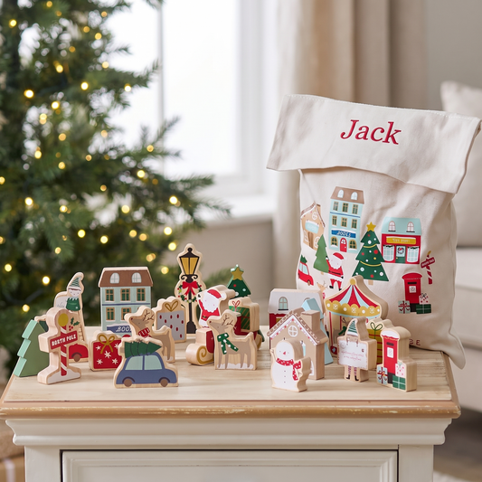 Little Teekie Personalised Christmas Village Block Set | 23 FSC Wood Pieces, Named Bag – Multi – lifestyle