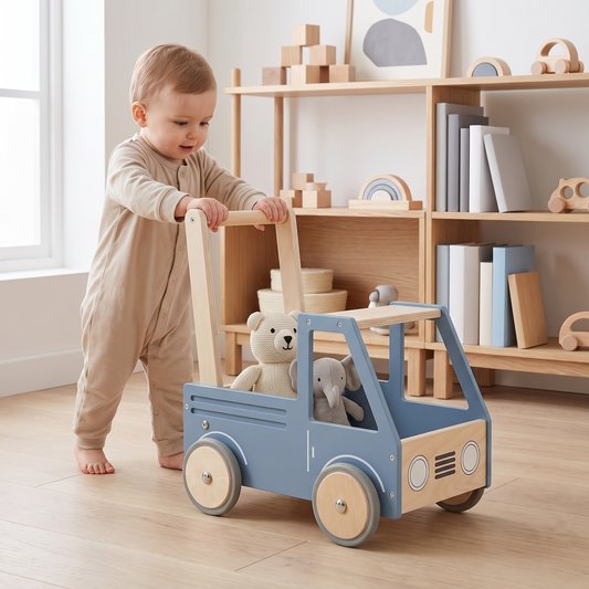 Little Teekie Wooden Push Truck Walker | 100% Birchwood, Storage Box – Steel Blue – in use, shows scale