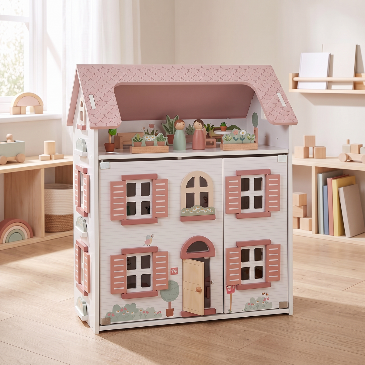 Little Teekie Wooden Dollhouse | 5 Rooms, Furniture and 2 Peg Dolls – White with Pink Roof – styled in the home