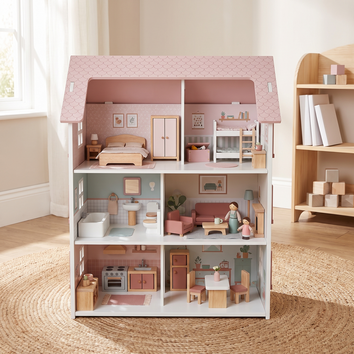 Little Teekie Wooden Dollhouse | 5 Rooms, Furniture and 2 Peg Dolls – White with Pink Roof – what's included