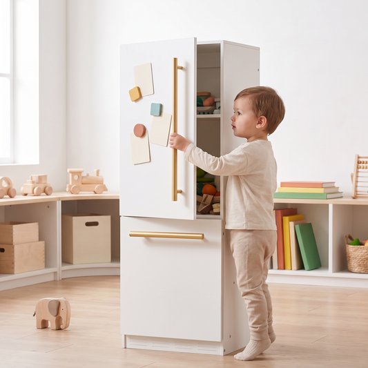 Little Teekie Wooden Play Fridge | Magnetic Door, Letters and Menus Included – in use, shows scale
