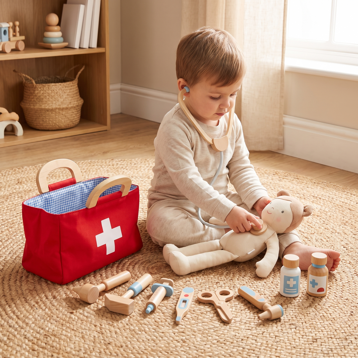 Little Teekie Wooden Doctor Kit | Fabric Bag, 9 Instruments, Gift Boxed – Red – in use, shows scale