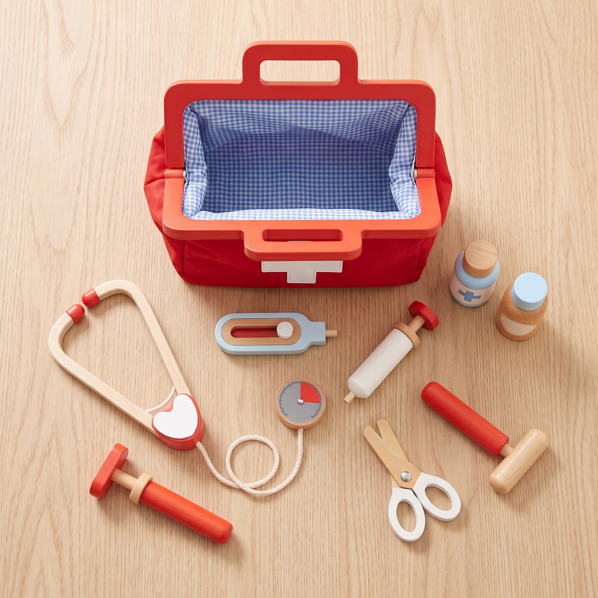 Little Teekie Wooden Doctor Kit | Fabric Bag, 9 Instruments, Gift Boxed – Red – what's included