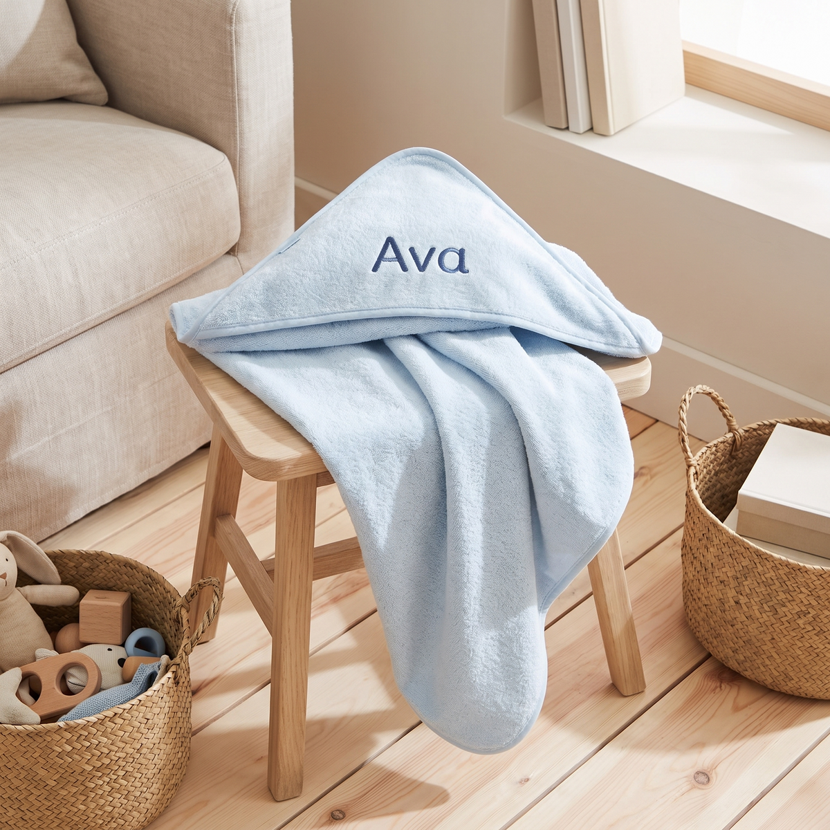 Little Teekie Personalised Large Hooded Bath Towel | Embroidered Name, 100% Cotton – Blue – lifestyle