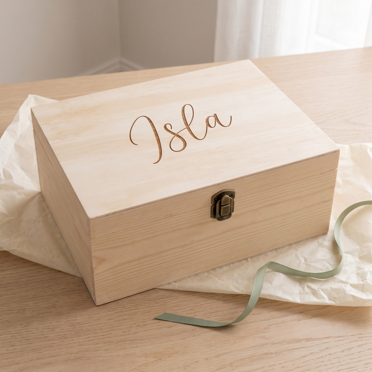 Little Teekie Personalised Large Wooden Keepsake Box | Etched Name, 38 x 29cm Latch Lid – Natural Timber – lifestyle