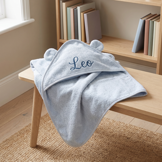 Little Teekie Personalised Hooded Towel | Embroidered Name, Organic Cotton 75 x 75cm – Powder Blue – lifestyle