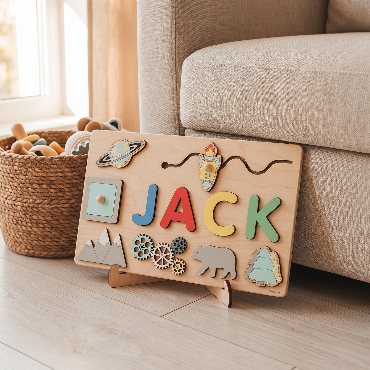 Little Teekie Personalised Wooden Name Puzzle | Engraved Message, Board with Stand – Assorted Colours – lifestyle