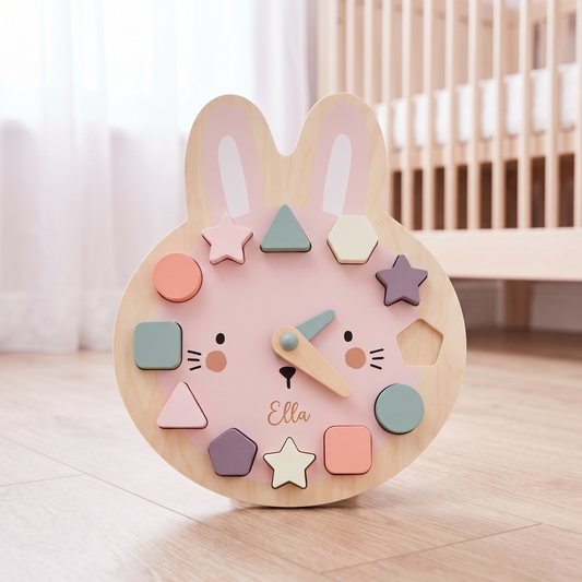 Little Teekie Personalised Bunny Clock Puzzle | Laser Engraved Name, 29 x 26cm FSC Timber – Pastel – lifestyle