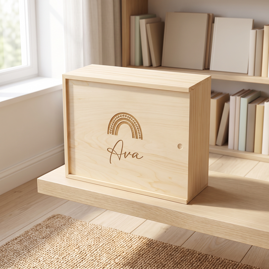 Little Teekie Personalised Keepsake Box | Engraved Name, Rainbow Design Pine 33 x 28cm – Natural Pine – lifestyle