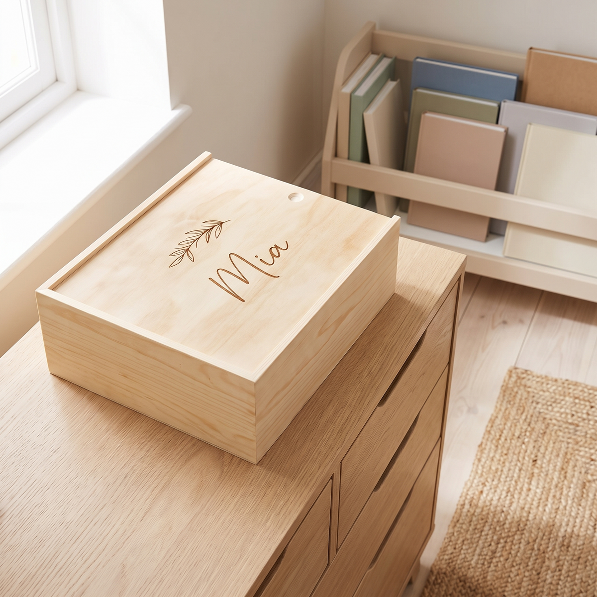 Little Teekie Personalised Keepsake Box | Engraved Name, Leaf Design Sliding Lid – Natural Pine – lifestyle