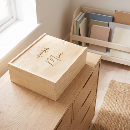 Little Teekie Personalised Keepsake Box | Engraved Name, Leaf Design Sliding Lid – Natural Pine – lifestyle