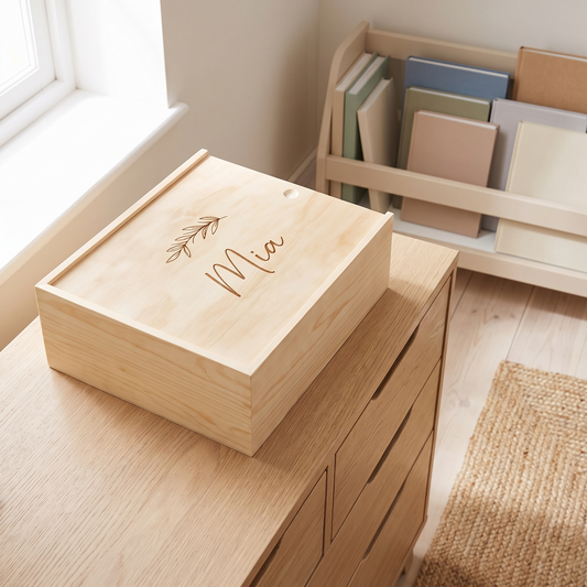 Little Teekie Personalised Keepsake Box | Engraved Name, Leaf Design Sliding Lid – Natural Pine – lifestyle