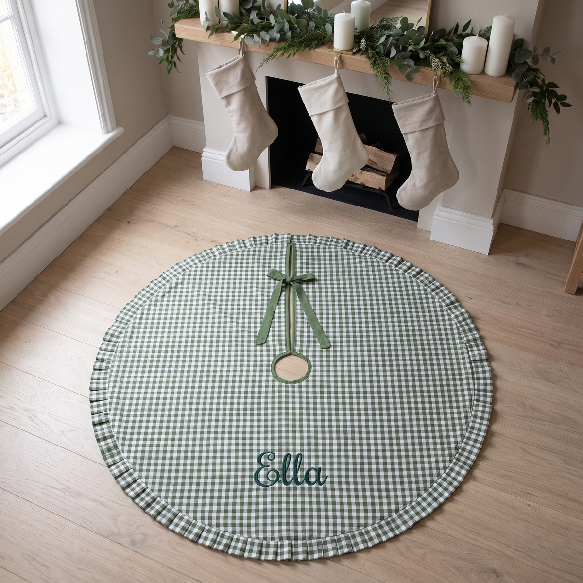 Little Teekie Personalised Ruffle Tree Skirt | Embroidered Name, 115cm Diameter – Green Gingham – lifestyle